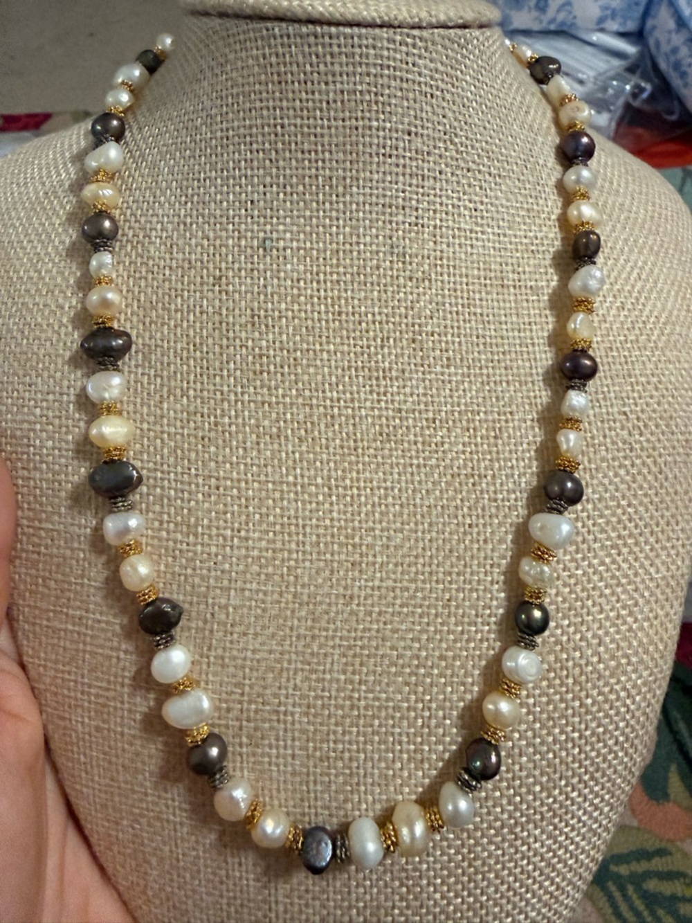 Freshwater Pearl and Gold Bead Necklace - Multi-Color